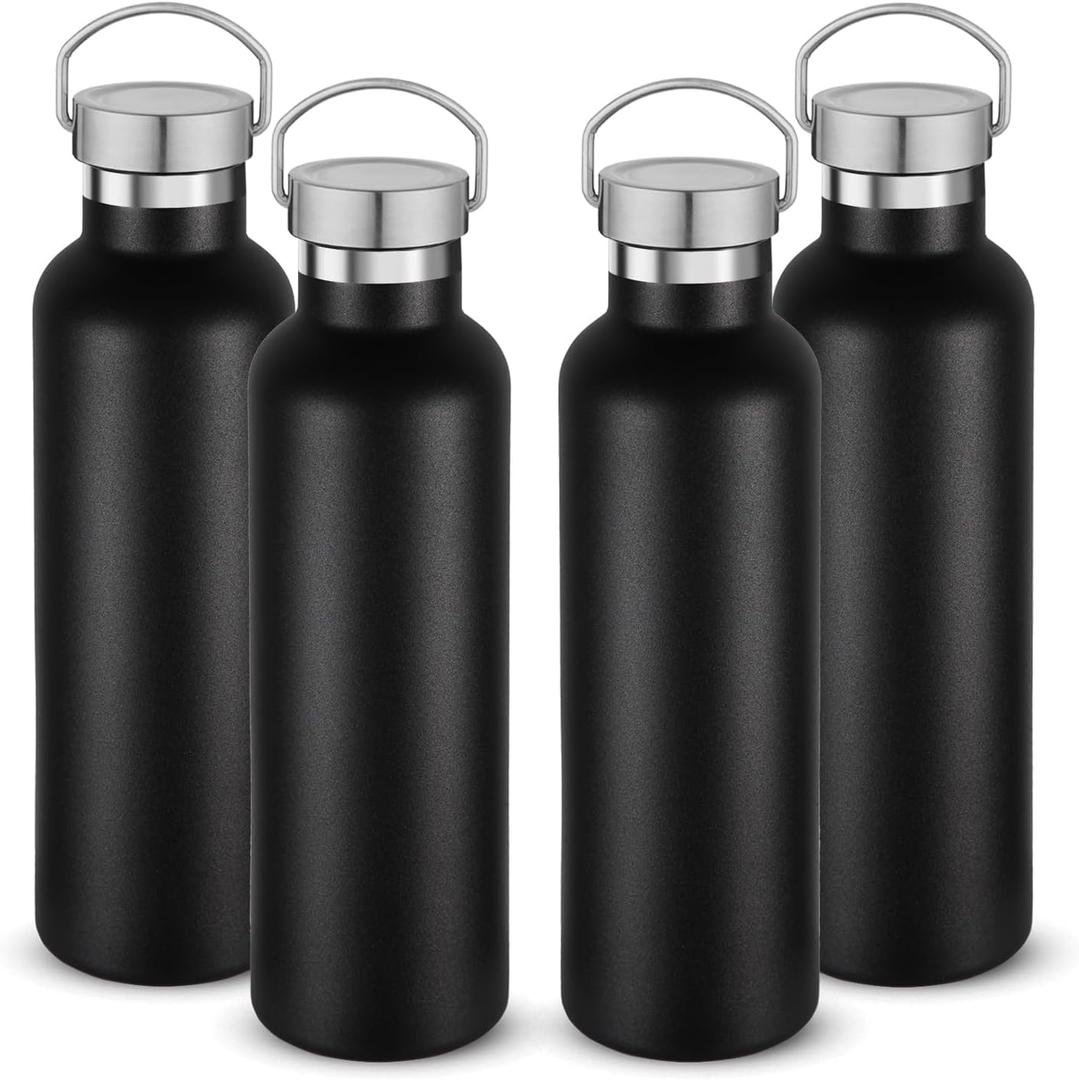 Volhoply 24oz Insulated Standard Mouth Water Bottle with Plastic & Stainless Steel Combination Lid Bulk 4 Pack, 304 18/8 Double Wall Vacuum Insulated Water Bottles, Reusable Metal Flask(Black,4)