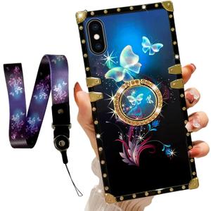 Compatible with iPhone Xs Max (6.5 inch) Phone Case with Ring Stand Fashion Pattern Hard PC Back&Soft TPU Shockproof Protection Cover (Butterfly Darkblue)