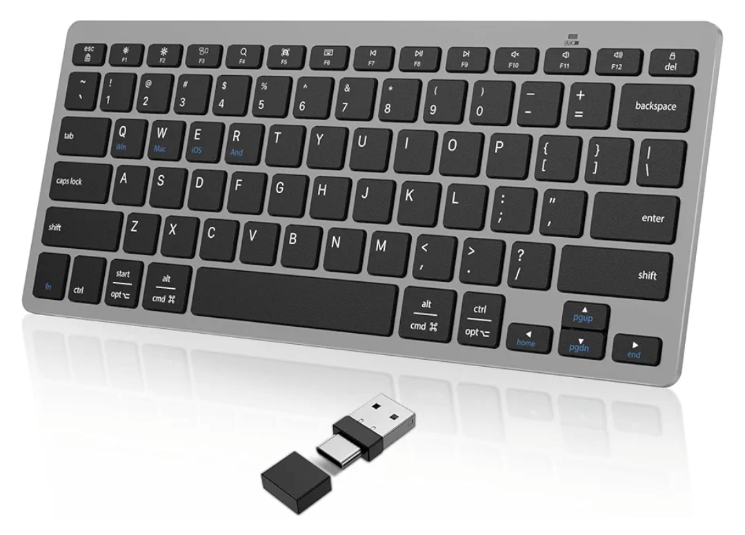 OMOTON 2.4G Wireless Keyboard, Ultra-Slim Compact Mini Keyboard with Type-C & USB-A Receiver, Compatible with Desktop Laptop Tablet PC Smart TV and Windows 11/10/8/7 - Grey