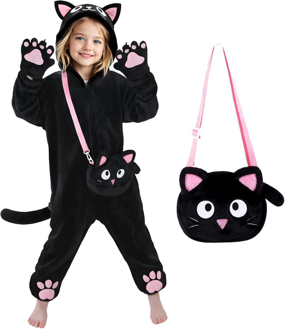 Cat Costume for Kids with Bag, Black Cat Halloween Costumes for Girls Animal Onesie Dress Up (S(5-6Y))