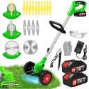 Weed Wacker Cordless Electric Eater Battery Powered, 21V Lightweight No-String Weed Trimmer with 2 Battery Operated & Wheels, 3 in 1 Stringless Grass Trimmer/Edger/Brush Cutter for Garden Yard Lawn