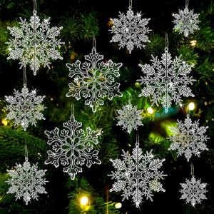 Christmas Tree Decorations Snowflake Ornaments 36Pcs Clear Plastic Hanging Snowflakes from Ceiling Snow Flakes Decorating Hanging for Winter Wonderland Decorations Indoor Outdoor Decor