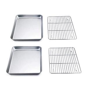 TeamFar 9'' x 7'' x 1'' Toaster Oven Pan with Rack Set of 4, Stainless Steel Compact Toaster Ovenware Pan with Cooling Rack, Healthy & Heavy Duty, Easy Clean & Dishwasher Safe, (2 Pans + 2 Racks)