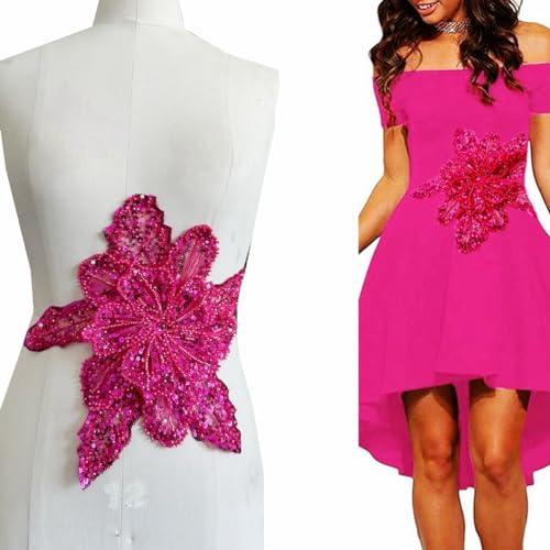 Jpumley.pksn Handmade Rhinestones Applique Sewing Beads Stones Trim Lace Patches Sparkly Multicolor Sew on Sequins Crystal Beaded Accessory for Wedding Dresses DIY Clothes 12X10inches (Rose red)