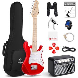 Vangoa 30 Inch Electric Guitar, Small Electric Guitar Starter Kit for Beginners with Digital Tuner, Capo, Strap, Strings, Cable, Picks, Wrenches Musical Electric Guitar Suitable for All Ages - Red
