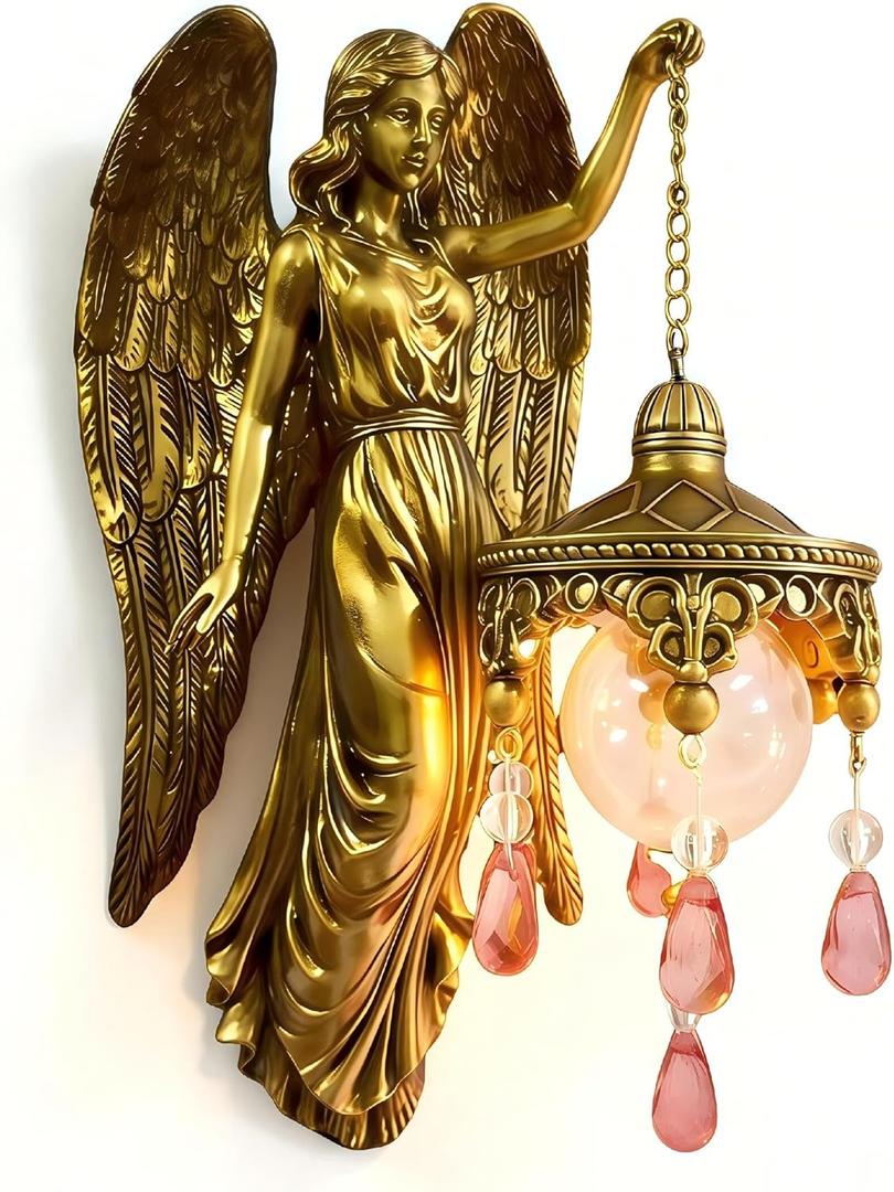 Angel Wall Lamp, Vintage Holy Guardian Night Light with Frosted Crystal & Wings, Battery Operated Wall Sconce for Bedroom, Nursery, Living Room, Chapel & Hotel, Classic Inspirational Decor