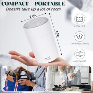 Portable Mist Humidifier Auto Shut-Off USB Powered 220ml Small Desktop Humidifiers with Colorful Light 2 Cool Spray Modes for Bedroom Office Car White