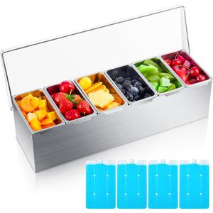 Boao 6 Slot lce Chilled Stainless Steel Condiment Tray Garnish Tray with 4 Ice Boxes Condiment Container with Lid for Party Hot Pot Sauce Station Bar Drink Topping Prep Station Supplies, 17.72 x 5.91 x 5.28 inches