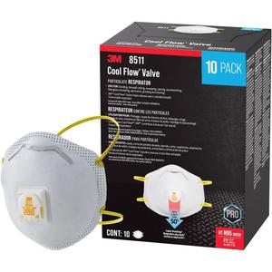 3M N95 Respirator 8511, 10 Pack, NIOSH-APPROVED N95, Features 3M COOL FLOW Exhalation Valve, Relief From Dusts & Certain Particles During Sanding, Pollen, Mold Spores, Dust Particles (8511DB1-A-PS)