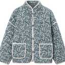 Muchpow Quilted Puffer Jacket for women Floral Printed Lightweight Cropped Button Down Outerwear with Pockets (Large, Blue)