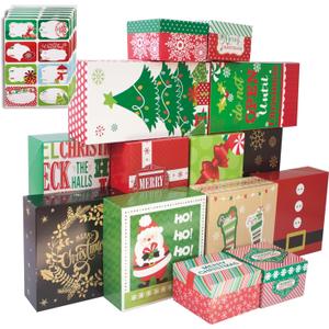 14 Decorative Christmas Gift Boxes with Lids and 80-Count Foil Christmas Gift Tag Stickers (Assorted size, 6 Rectangle, 4 Square, 4 Small Square)