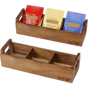 HTB Small Wooden Tea Bag Box 2PCS, 3 Compartments Acacia Wood Tea Bag Chest with Handle, Mini Countertop Divided Storage Container for Beverage Supplies, Sugar, Sweeteners, Individual Packets