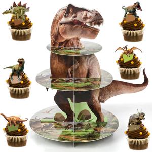 ZOIIWA Dinosaur Themed Cupcake Stand for Dino Birthday Party Decorations 24 Cupcake Topper 3 Tier Dinosaur Dessert Cake Tower for Kids Boys Jungle Birthday Baby Shower Party Supplies Favors