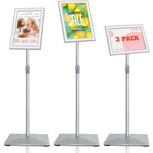 8.5"x11" Pedestal Poster Stand with Heavy Duty Solid Steel Base, Adjustable Floor Standing Sign Holder for Vertical and Horizontal Display, Silver 3Pack