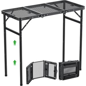 GARLLEN Folding Grill Table, 3-Height Adjustable Lightweight Grill Table with Heat-Resistant Tabletop, Portable Aluminum Camping Table for BBQ, Picnic, Cooking, 35.4" L x 15.7" W, Threaded Install