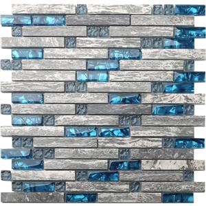Blujellyfish Gray Marble Tile for Kitchen Backsplash 12 in. x 12 in. x 8 mm Teal Blue Glass Mosaic Bathroom Shower Wall Linear Tiles (Pack of 5 Sheets)