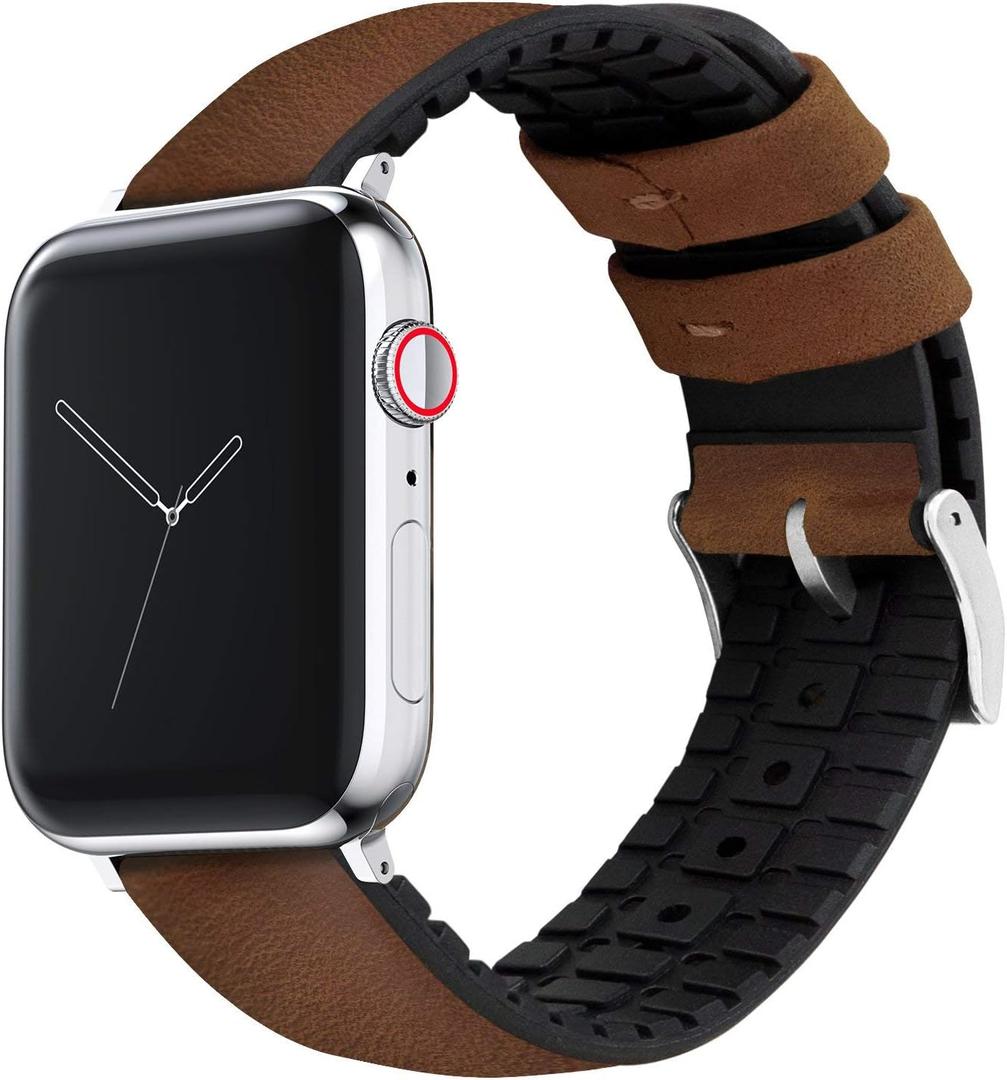 BARTON WATCH BANDS- Black Leather and Rubber Hybrid - Choose Color & Size - Compatible with All Apple Watches (Ultra, SE, 8, 7, 6, 5, 4, 3, 2, 1) - 38mm, 40mm, 41mm, 42mm, 44mm, 45mm, 49mm (Oak Brown Leather (Stainless Steel Buckle))