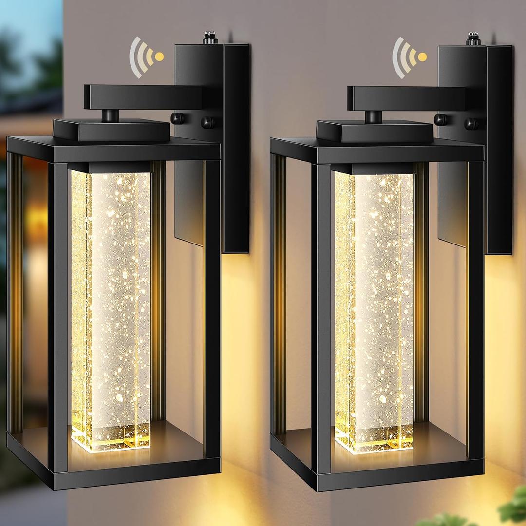 VIANIS Large Exterior Lighting Fixtures Wall Mount for House, Black Dusk to Dawn Porch Lights Outdoor with Integrated 10W LED Light Source Crystal Bubble Glass, 2 Packs Outdoor Wall Sconces Lantern, Tall 2-Pack