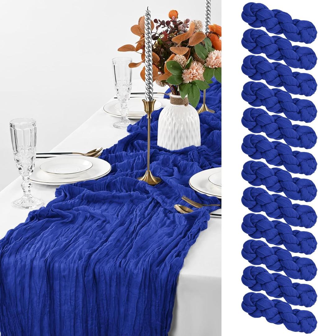 12 Pack Royal Blue Cheesecloth Table Runner, 10FT Cheesecloth Rustic Boho Table Runner Long Romantic Semi Sheer Table Runner for Wedding Birthday Bridal Shower Party Decorations(21.5120 Inch)