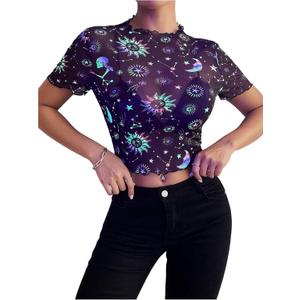 MakeMeChic Women's Mesh Butterfly Crop Top Lettuce Trim Short Sleeve T Shirt (Large)
