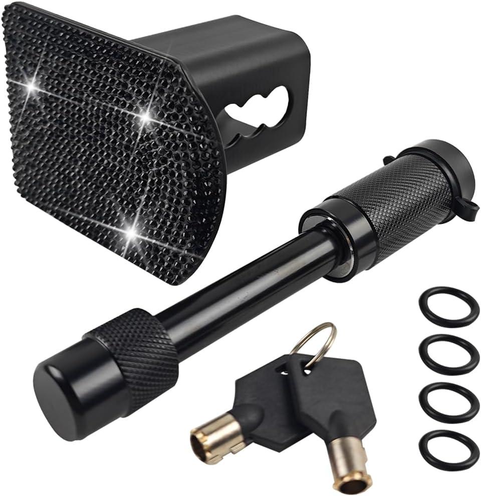 Bling Trailer Hitch Cover, Crystal Rhinestone Vehicle Tube Plug Towing Hitch Cover for 2" Receivers with Lock, Automotive Exterior Tow Cap Accessories, Universal for SUV Sedan Truck