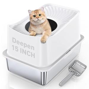 WoofiGo Stainless Steel Cat Litter Box, Large Top Entry Litter Box for Big Cats, Enclosed Kitty Litter Pan with Lid, Metal Cat Box Never Absorbs Odors, Easily Cleaning, Include Scoop
