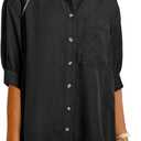 Astylish Women 2025 Denim Shirt Summer Oversized Short Sleeve V Neck Button Down Chambray Blouse Top with Pocket (Small, Black)