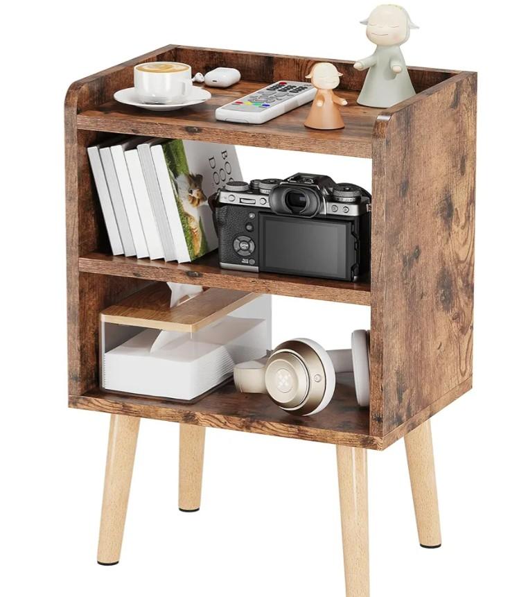 LUCKNOCK Mid Century Modern Nightstand, Wood Bedside Table, 3 Tier Tall End Side Table with Open Storage Shelves, Small Night Stand for Bedroom, Kids Room & Small Spaces, Rustic Brown.