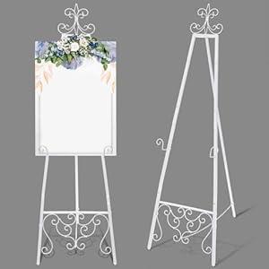 Otoolling White Easel Stand for Wedding Sign, 55'' Adjustable Vintage Scroll Floor Display Stand with Chain Support for Welcome Poster, Photo, Art, Decorative Event Display