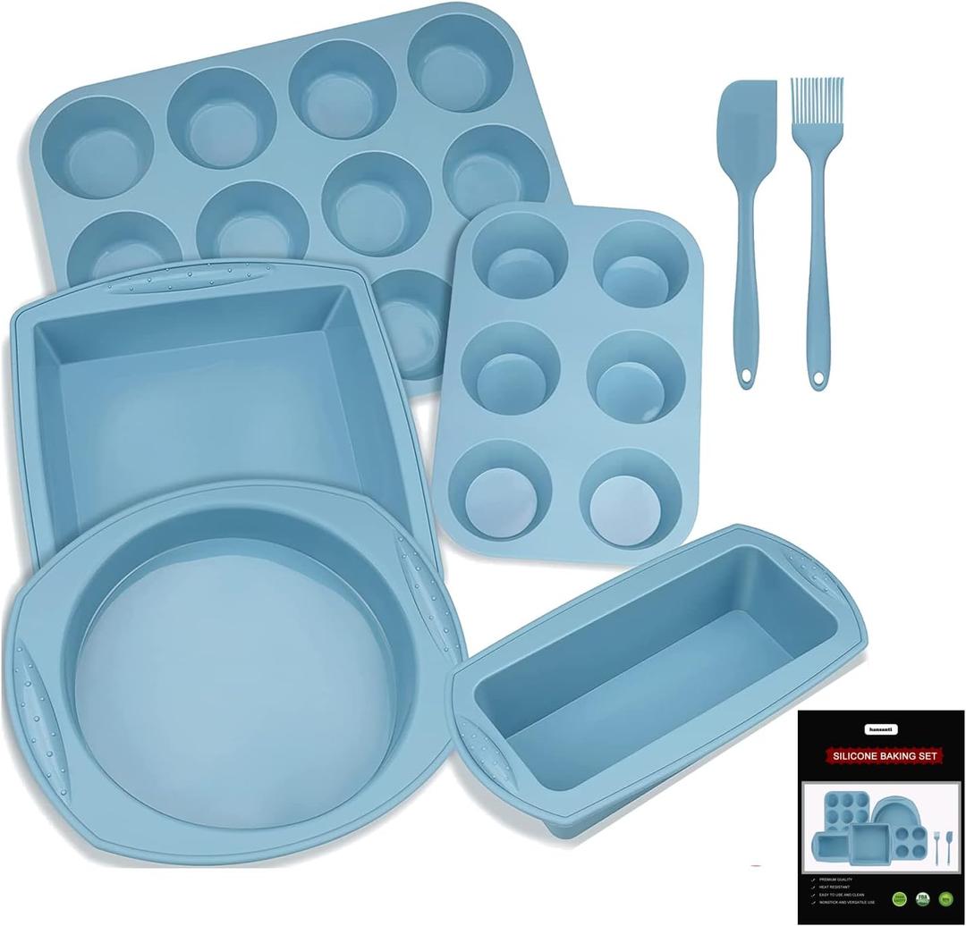 7in1 Silicone Bakeware Baking Set, Kitchen Bake Pans Molds Tray for Oven with BPA Free Round/Square Cake Pan, Loaf Pan, Muffin Pan for Bread Pizza Cheesecake Cupcake Pie Desserts (Blue)