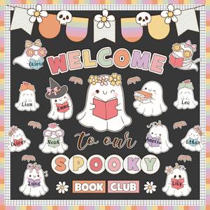 Pasimy Welcome Halloween Bulletin Board Set Cute Ghost Reading Classroom Decorations Pastel Boho Spooky Ghost Paper Cutouts for Halloween Door Wall Decor School Office Home Supplies
