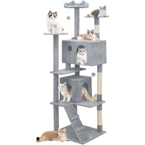 Athena Collection Cat Tree, 77 Inch Cat Tower for Indoor Cats, Multi-Level Cat Tree Tower Activity Center with 2 Cat Condo & Cat Scratching Post & Dangling Ball, Tall Cat Tree, Light Gray
