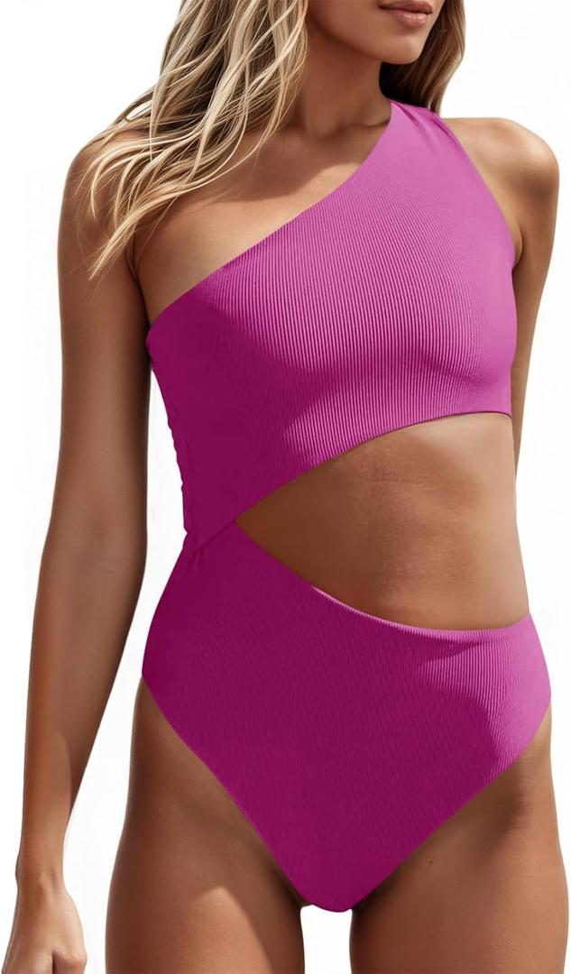 Women's One Piece Ribbed Swimsuit One Shoulder Cutout Swimwear Sexy Bathing Suit, Rose Red, M
