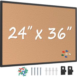 Cork Board Bulletin Board 24 x 36, Black Aluminium Framed 2 x 3 Corkboard, Office Board for Wall Cork, Large Wall Mounted Notice Pin Board with 16 Push Pins for School, Home & Office