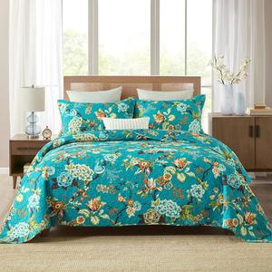 ENASAL Cotton Bedspread Quilt Sets Reversible Bedding Coverlet Sets Comforter, Vintage Floral Farmhouse Pastoral Turquoise Bedspread, Queen Size