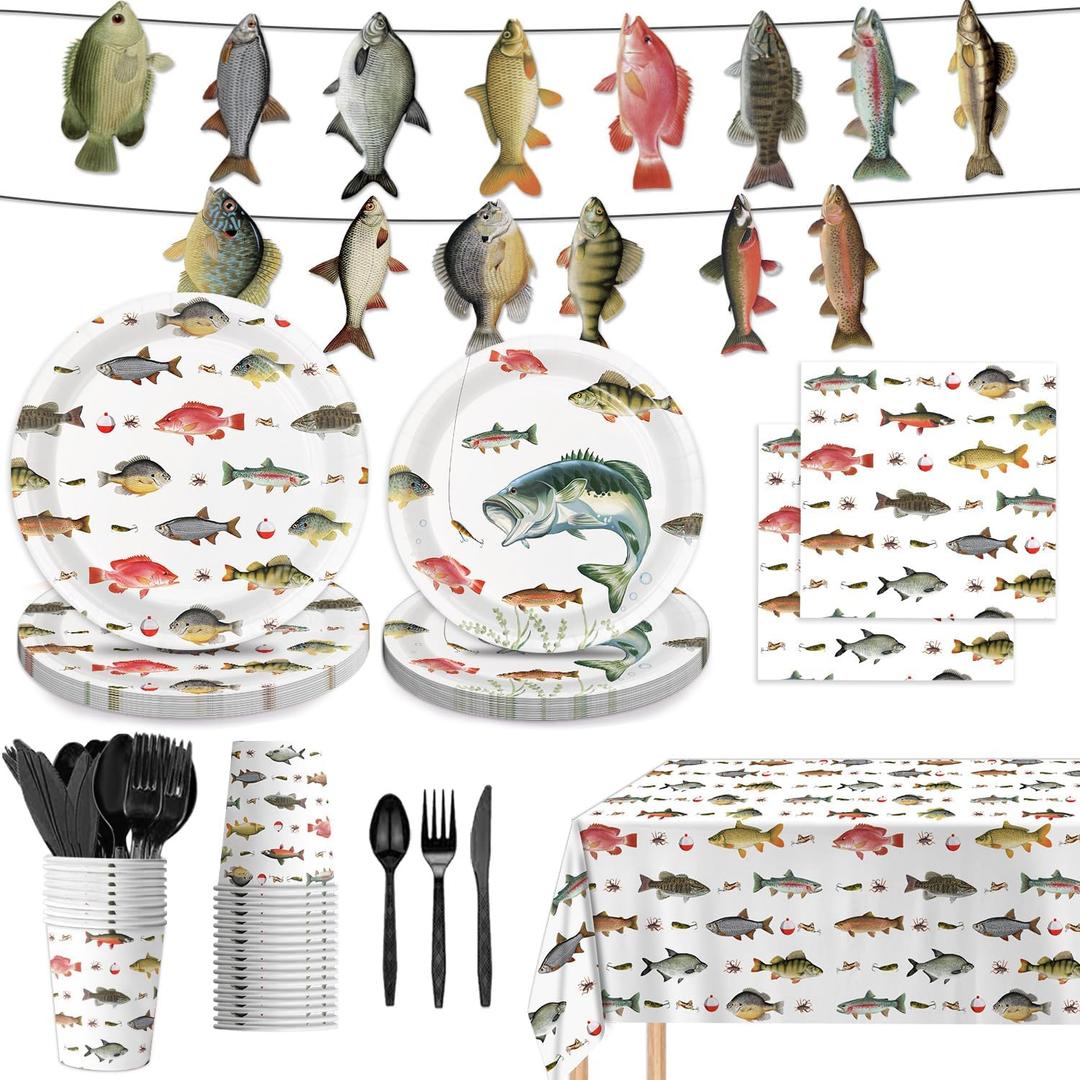 170PCS Fishing Birthday Party Decorations Gone Fishing Party Decorations Include Plates, Cups, Cutlery, Banner, Tablecloth for Ofishally One Birthday Decorations