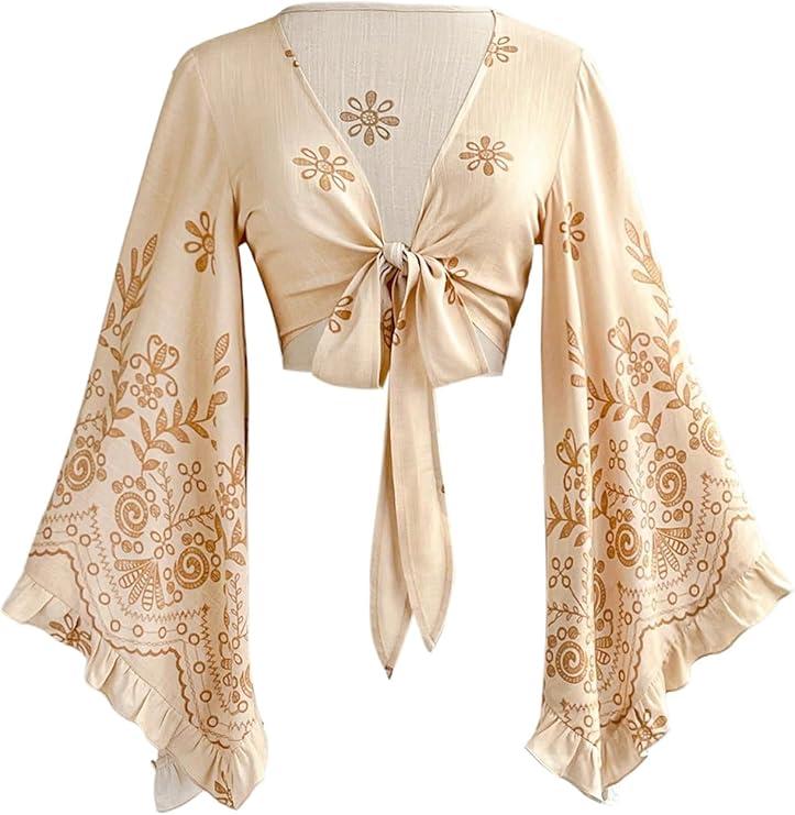 BEAUDRM Women's Boho Tops Wrap Western Country Concert 70s Outfits Tie Front Long Bell Sleeve Tops Hippie Disco Clothes XL