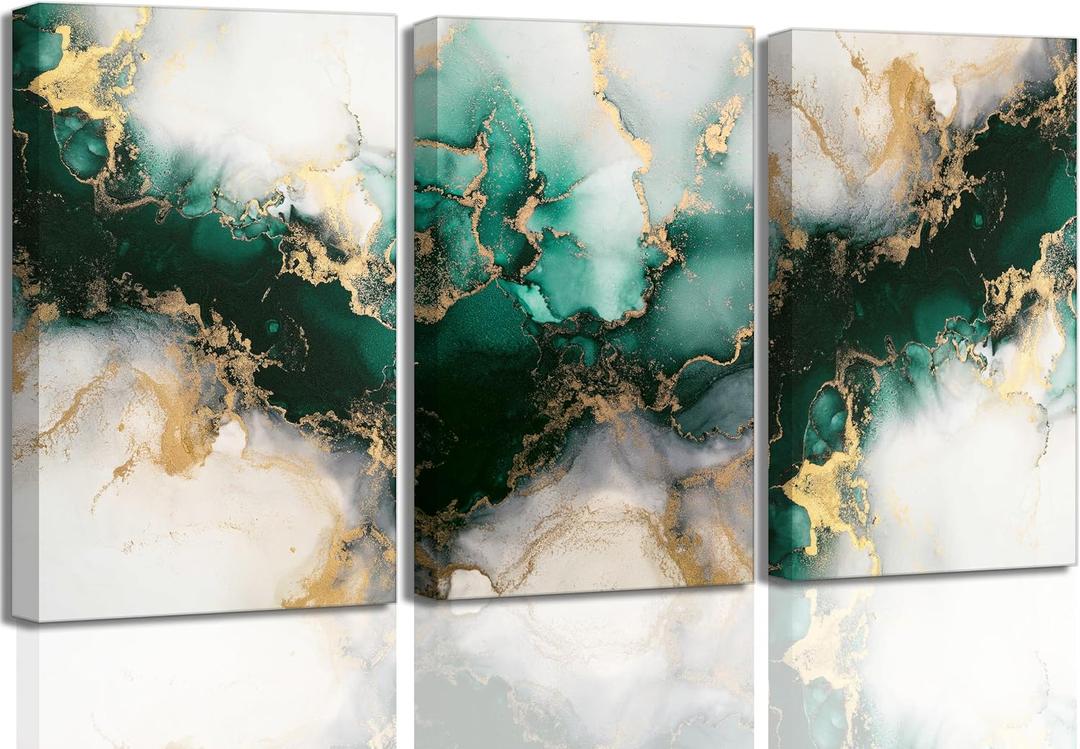 3 Piecs Emerald Green and Gold Canvas Wall Art Modern Abstract Glam Fluid Marble Painting Pictures Living room Wall Decor Posters Prints for Bedroom Bathroom Office Home Decoration