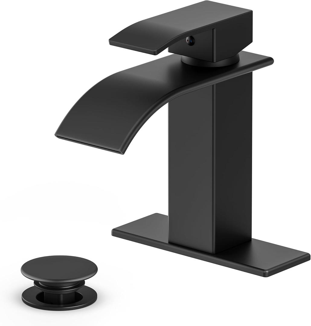 Ryuwanku Bathroom Faucet Matte Black Modern Waterfall Bathroom Sink Faucet with Single Handle Suitable for 1 or 3 Holes,Supply Deck Plate and Hose
