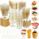 80 Pcs Mini Appetizer Plates Dessert Cups Spoons Forks Set Dessert Containers Assorted Shape Plastic Parfait Cups Disposable Spoon Forks for Party Serving (Gold)