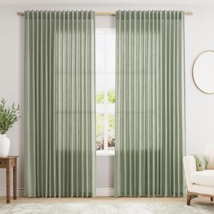 Extra Wide 100 Inch Linen Curtains for Living Room Divider Light Filtering Semi Sheer Back Tab Patio Curtains for Sliding Door Sage Green Coastal Decor Sunroom Floor to Ceiling Window Curtain 100x84