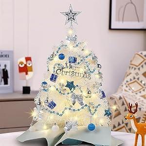 Juegoal White Mini Christmas Tree, 24 Inch/ 2 FT Lighted Tabletop Artificial Xmas Pine Tree, Small Spruce Tree Light Up Battery Operated & Timer with 50 LED Lights, for Holiday Winter Home Party Decor