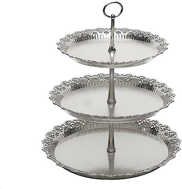 15 in Metallic Silver 3 Tier Plastic Cupcake Stand Round Dessert Display Tower Lace Cut Trim Party Events Decorations