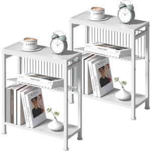 End Table Set of 2 for Small Space, 3-Tier Narrow Side Table with Magazine Holder,Small Nightstand, Skinny Snack Couch Table in Living Room, Bedroom Study and Balcony (White)
