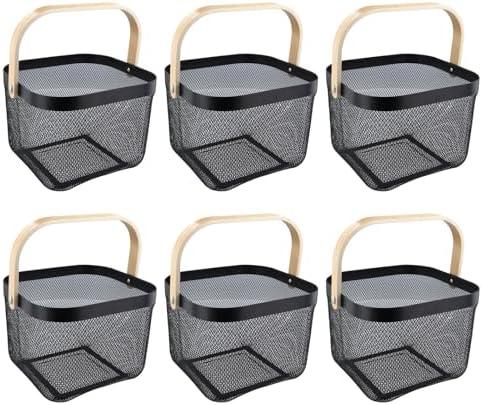 6 PCS Garden Harvest Basket, 10.2 x 10.2 x 7.1in Metal Mesh Picnic Baskets with Wooden Handle, Rectangle Hanging Basket Bin for Gathering Vegetables Fruit Cherry Tomatoes, Kitchen Cabinet (Black)