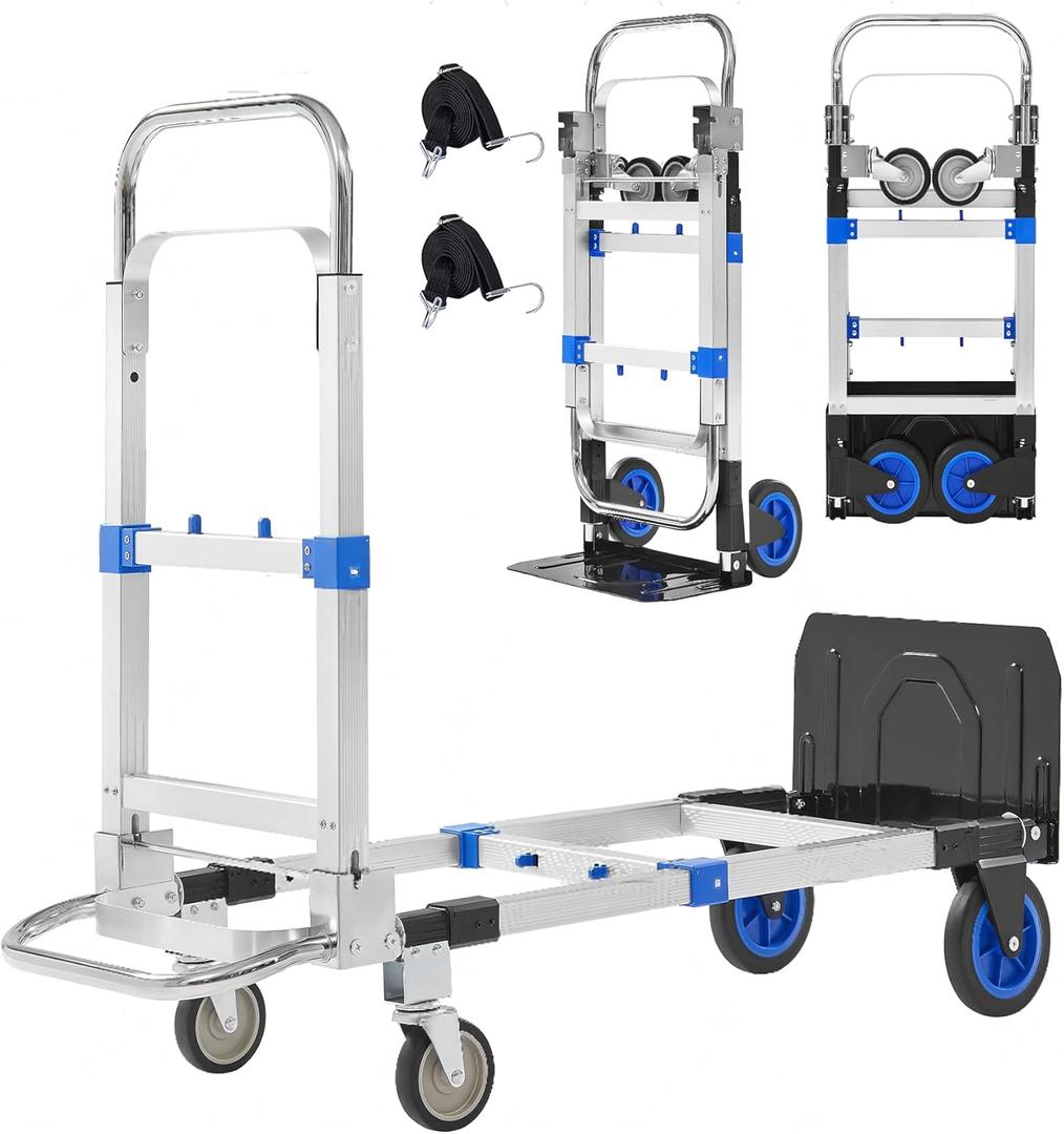 Upgraded 3 in 1 Aluminum Folding Hand Truck, 600lbs Capacity, Heavy Duty Convertible Dolly with Retractable Handle and 4 Rubber Wheels, Collapsible Cart for Moving Home, Office, Warehouse (Blue)