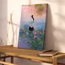Framed Funny Black Cat Canvas Wall Art Picture Black Cat in the Pink Water Lily Evening Painting Vintage Preppy Aesthetic Animal Posters Prints for Living Room Bedroom Bathroom Decor 16x24-Inch