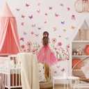 Butterfly Wall Stickers for Kids, Wall Decals Pink Floral Wall Art for Cartoon DIY Removable Girls Home Decor, W11.8"×H35.4"