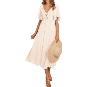 PRETTYGARDEN Summer Dress for Women 2026 Casual Short Sleeve Bow Tie V Neck Ruffle Midi Flowy Dresses (Beige, XXL)