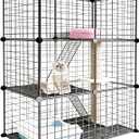 DIY Modular Cat Playpen 2x3x1 Grid | Compact Indoor Cat Enclosure | Foldable Black Wire Metal Cat Cage with Multi-Level Shelves | Fits 1 Cat (43.7" x 29.5" x 15.35")